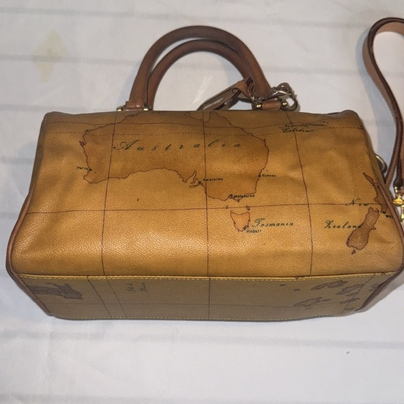 Alviero Martini Vintage Boston Bag Crossbody Purse Map Geo Leather Brown GUC - Picture 8 of 13
